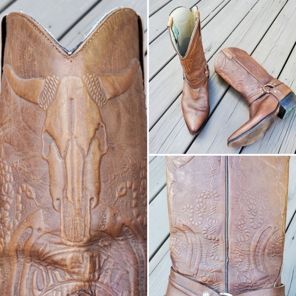 Vintage 90s y2k Handmade Brown Leather Tooled Mexico Western Cowboy Harness Boot
